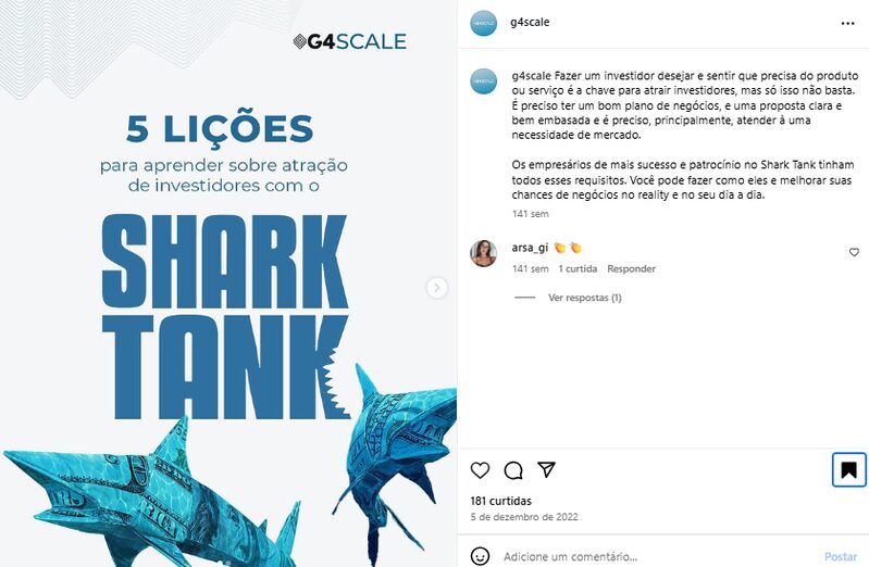 Post do G4 Scale sobre Shark Tank